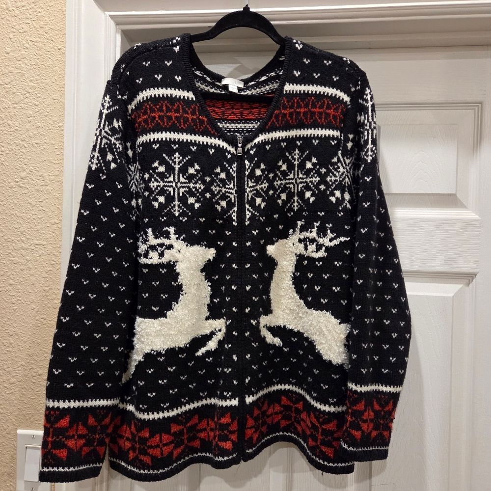 J. Jill Black Reindeer Snowflake Full Zip Holiday Sweater, XL